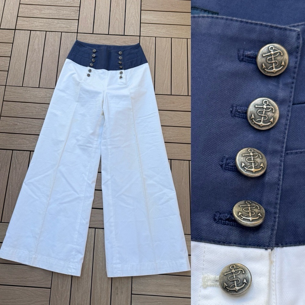 Ralph Lauren white nautical navy blue white anchor buttons wide leg pants
